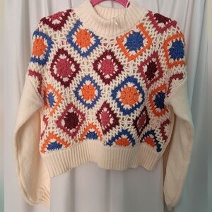 Debut Colorful Crochet Patterned Women's Sweater NWOT